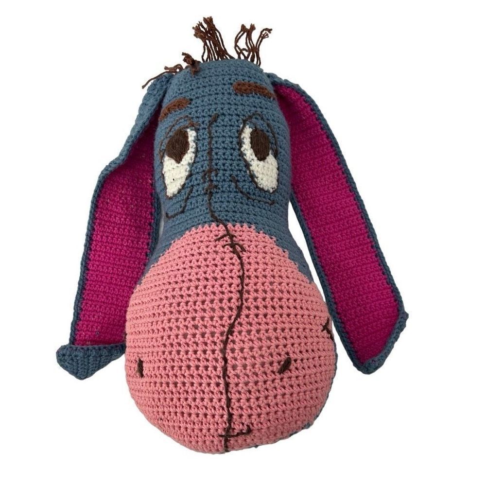 Vtg Large Handmade Crochet Knit Winnie The Pooh Eeyore Large Head Pillow